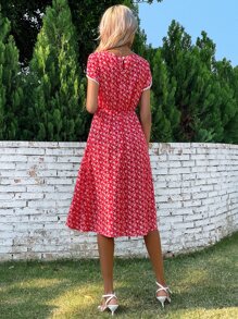 Breezaya Đầm Tương phản ren Dải chun Họa tiết hoa Boho - Đỏ - Xem 2