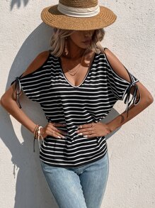 SHEIN LUNE Striped Cold Shoulder Tee - Black and White - View 5