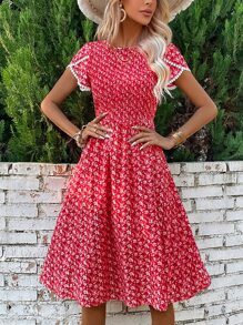 Breezaya Đầm Tương phản ren Dải chun Họa tiết hoa Boho - Đỏ - Xem 3