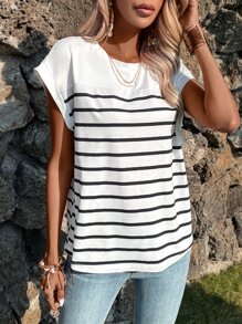 SHEIN LUNE Áo thun tay cánh dơi in họa tiết sọc Áo thun nữ - trắng - Xem 5