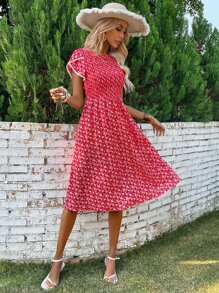 Breezaya Đầm Tương phản ren Dải chun Họa tiết hoa Boho - Đỏ - Xem 5