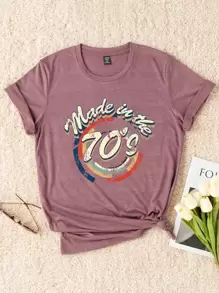 SHEIN LUNE 大碼字母圖案T恤 - 紅木色 - 查看 1