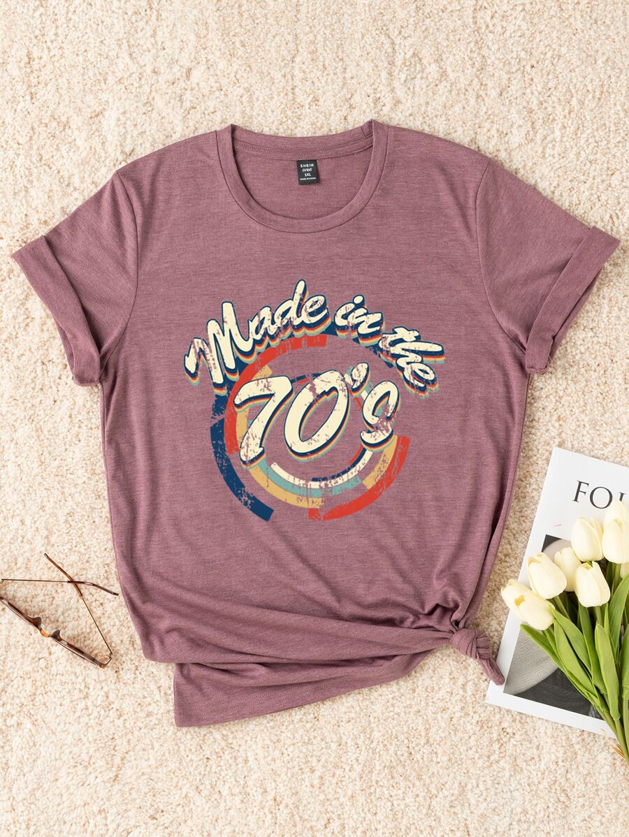 SHEIN LUNE 大碼字母圖案T恤 - 紅木色 - 查看 1