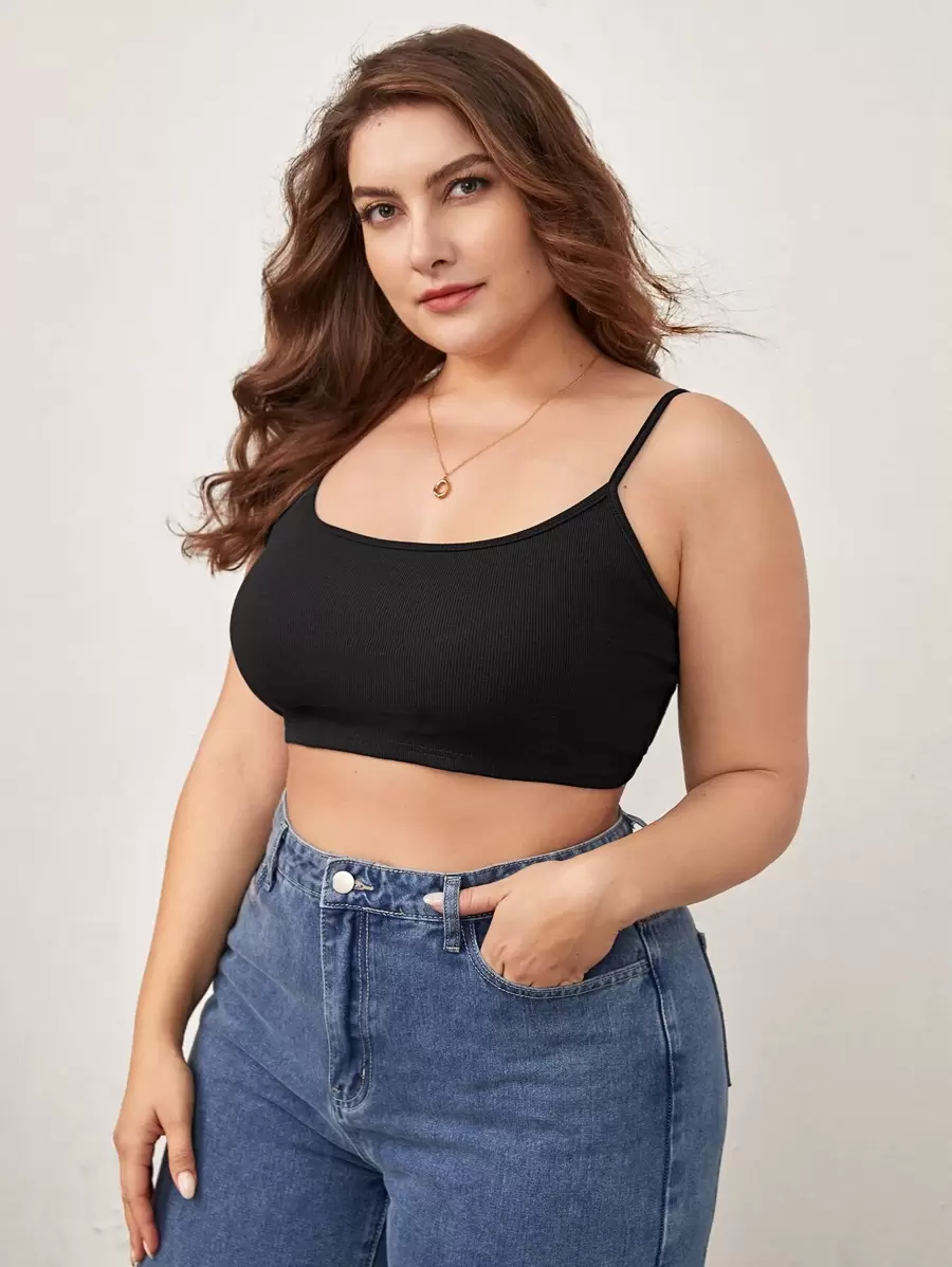 SHEIN BASICS 大碼素色吊帶短上衣 - 黑色 - 查看 1