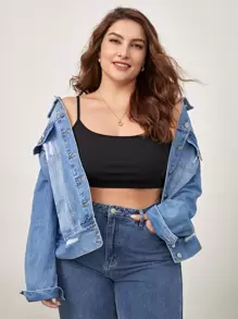 SHEIN BASICS 大碼素色吊帶短上衣 - 黑色 - 查看 5