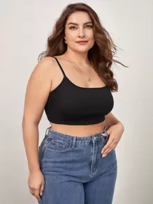 SHEIN BASICS 大碼素色吊帶短上衣 - 黑色 - 查看 6