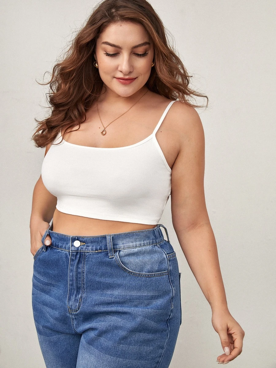 SHEIN BASICS Áo hai dây Plus Size Gân đan màu trơn Giải trí - trắng - Xem 1