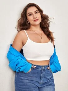 SHEIN BASICS Áo hai dây Plus Size Gân đan màu trơn Giải trí - trắng - Xem 5
