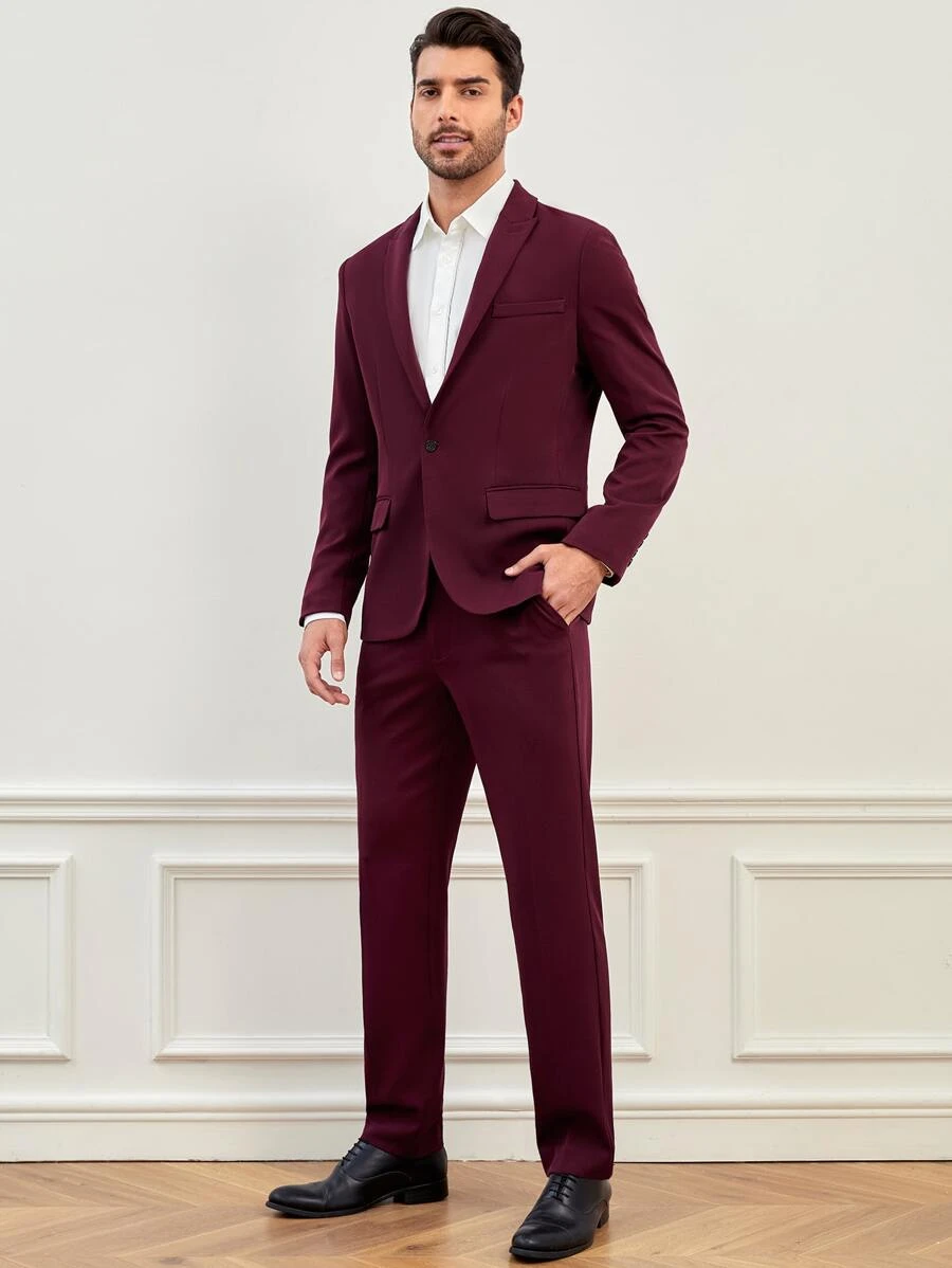 Manfinity NiteLyfe Men 1pc Peak Lapels Single Button Blazer & 1pc Trousers - Maroon - View 1