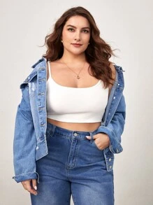 SHEIN BASICS Áo hai dây Plus Size Gân đan màu trơn Giải trí - trắng - Xem 6