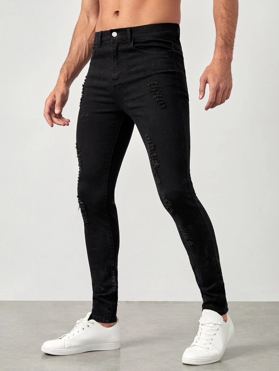 Manfinity Hombres Jeans ajustados desgarro - Negro - Ver 1
