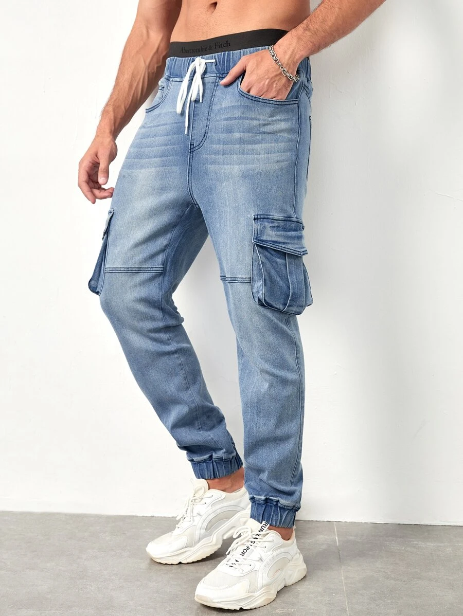 Manfinity Men Flap Pocket Drawstring Waist Jeans - Light Wash - View 1