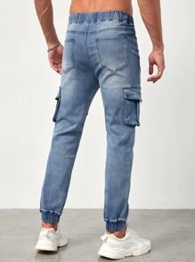 Manfinity Men Flap Pocket Drawstring Waist Jeans - Light Wash - View 2