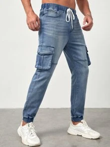 Manfinity Men Flap Pocket Drawstring Waist Jeans - Light Wash - View 3