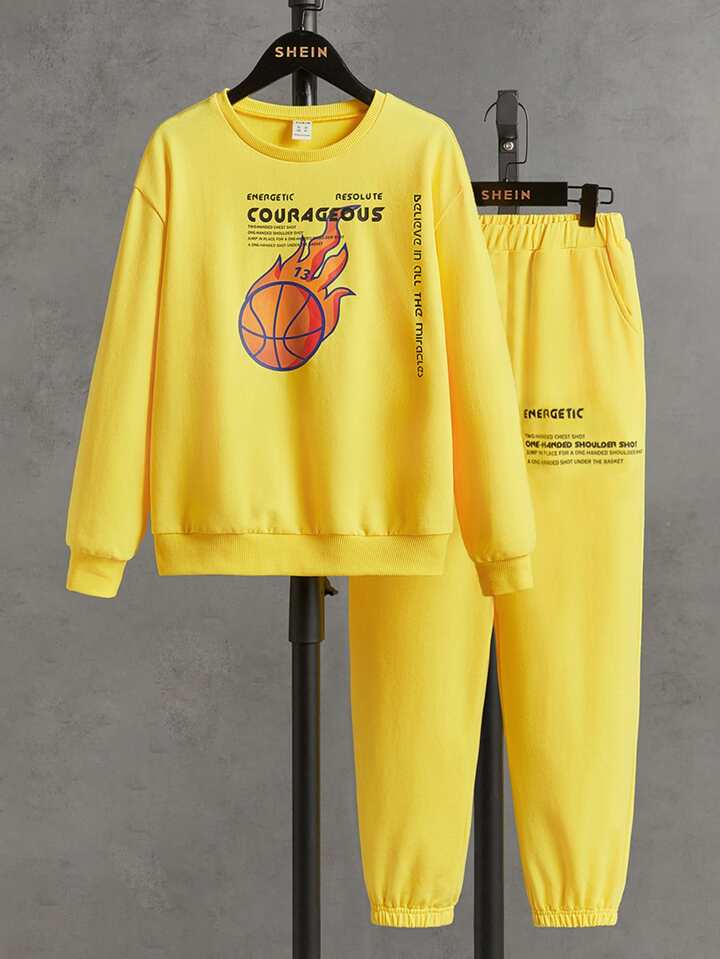 SHEIN Boys Basketball Slogan Graphic Sweatshirt Sweatpants