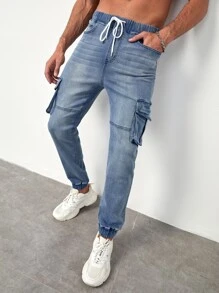 Manfinity Men Flap Pocket Drawstring Waist Jeans - Light Wash - View 4