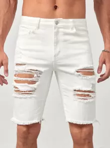 GENTILAND Nam Quần short denim với các đường viền thô rách Bông - trắng - Xem 1