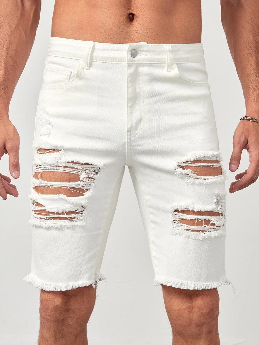 GENTILAND Nam Quần short denim với các đường viền thô rách Bông - trắng - Xem 1