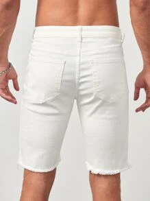 GENTILAND Nam Quần short denim với các đường viền thô rách Bông - trắng - Xem 2