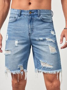 GENTILAND Men Cotton Ripped Raw Hem Denim Shorts - Light Wash - View 1