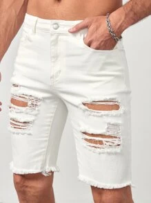 GENTILAND Nam Quần short denim với các đường viền thô rách Bông - trắng - Xem 3