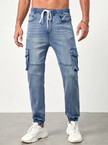 Manfinity Men Flap Pocket Drawstring Waist Jeans - Light Wash - View 6