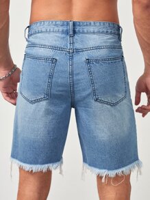 GENTILAND Men Cotton Ripped Raw Hem Denim Shorts - Light Wash - View 2