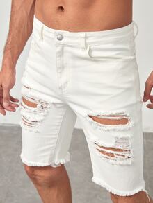 GENTILAND Nam Quần short denim với các đường viền thô rách Bông - trắng - Xem 4