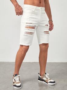 GENTILAND Nam Quần short denim với các đường viền thô rách Bông - trắng - Xem 5