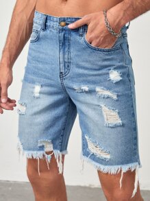 GENTILAND Men Cotton Ripped Raw Hem Denim Shorts - Light Wash - View 3