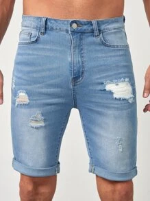 Manfinity NXTstreet Hombres Shorts en mezclilla algodón desgarro con lavado bajo de doblez - Lavado ligero - Ver 1