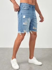 GENTILAND Men Cotton Ripped Raw Hem Denim Shorts - Light Wash - View 4