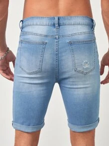 Manfinity NXTstreet Hombres Shorts en mezclilla algodón desgarro con lavado bajo de doblez - Lavado ligero - Ver 2