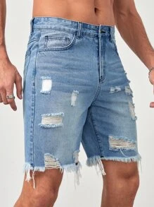 GENTILAND Men Cotton Ripped Raw Hem Denim Shorts - Light Wash - View 5