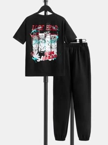 SHEIN Bộ hai mảnh Trai Dây kéo Túi Con số Lá thư Giải trí - màu đen - Xem 2