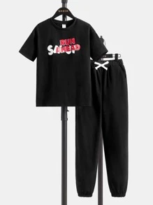 SHEIN Bộ hai mảnh Trai Dây kéo Túi Con số Lá thư Giải trí - màu đen - Xem 3