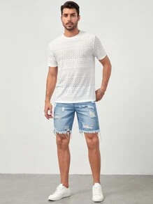 GENTILAND Men Cotton Ripped Raw Hem Denim Shorts - Light Wash - View 6