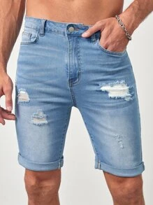 Manfinity NXTstreet Hombres Shorts en mezclilla algodón desgarro con lavado bajo de doblez - Lavado ligero - Ver 6