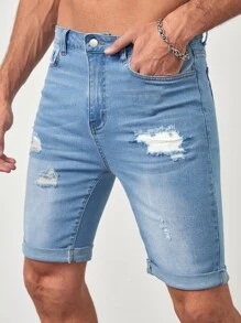 Manfinity NXTstreet Hombres Shorts en mezclilla algodón desgarro con lavado bajo de doblez - Lavado ligero - Ver 7