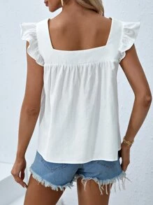 SHEIN VCAY Floral Embroidery Ruffle Trim Blouse - White - View 2