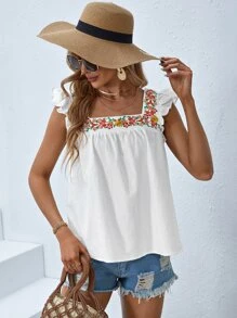 SHEIN VCAY Floral Embroidery Ruffle Trim Blouse - White - View 1