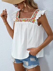SHEIN VCAY Floral Embroidery Ruffle Trim Blouse - White - View 4