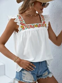 SHEIN VCAY Floral Embroidery Ruffle Trim Blouse - White - View 5