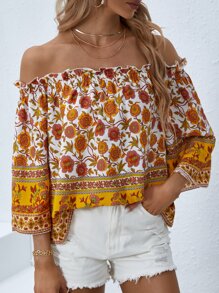 SHEIN VCAY Floral Print Off Shoulder Blouse - Multicolor - View 3