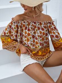 SHEIN VCAY Floral Print Off Shoulder Blouse - Multicolor - View 4