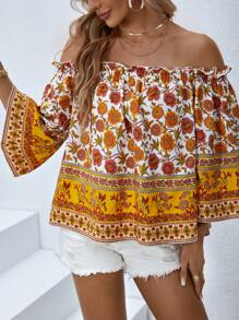 SHEIN VCAY Floral Print Off Shoulder Blouse - Multicolor - View 5