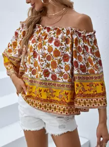 SHEIN VCAY Floral Print Off Shoulder Blouse - Multicolor - View 1