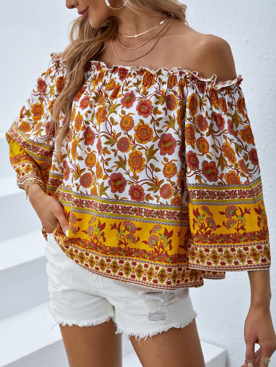 SHEIN VCAY Floral Print Off Shoulder Blouse - Multicolor - View 1