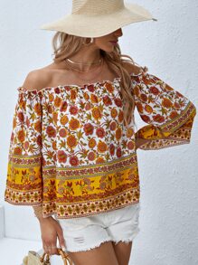SHEIN VCAY Floral Print Off Shoulder Blouse - Multicolor - View 6