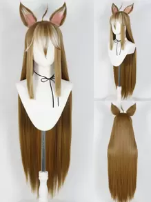 Long Straight Brown Cosplay Wig For Costume Anime Wig With Bangs Heat Resistant High Temperature Fibre Hair Premium Synthetic Wig For Women Bangs Wig For Halloween Thanksgiving Day Christmas Holiday Parties Wigs Long Straight Synthetic Hair Brown Mixed White Wig With Bangs &1pc Wig Cap & A Pair Of Cute Furry Hair Clips - Brown - View 2